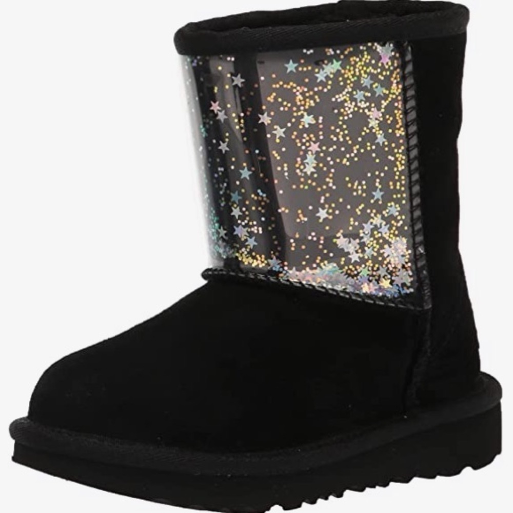 Toddler UGG Classic II Clear Glitter boots in black size 8